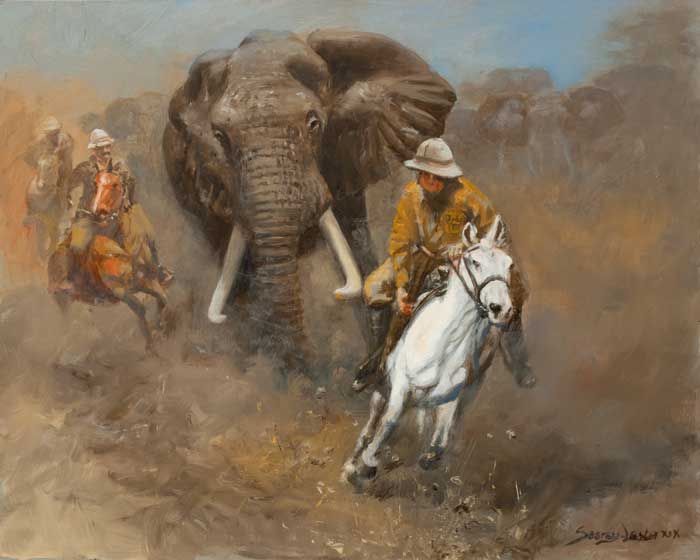 "Charge of the Elephant" is a thrilling John Seerey-Lester painting, one of many depicting Teddy Roosevelt on safari in 1909. (Courtesy of www.Seerey-Lester.com.)