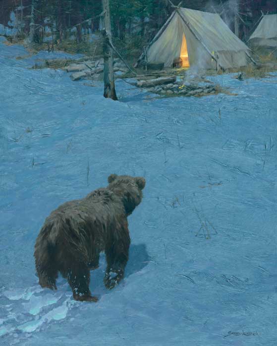 A reoccurring theme in John Seerey-Lester's paintings is the real and figurative bears and wolves at the door of our seeming safe everyday lives. (Courtesy of www.Seerey-Lester.com.)