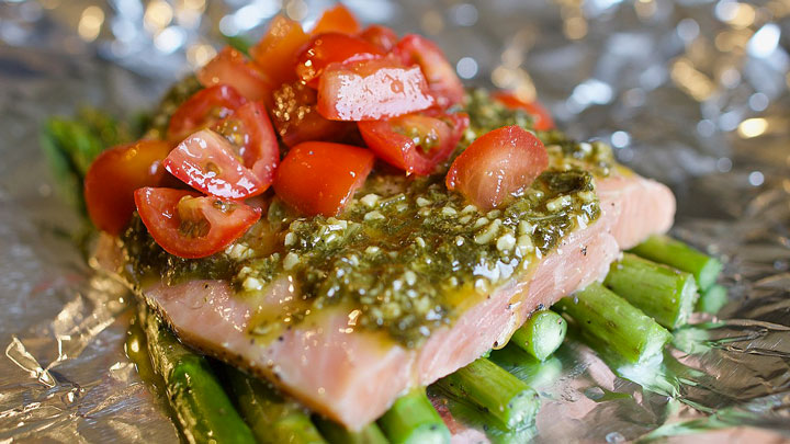 Campfire Salmon with Pesto and Veggies