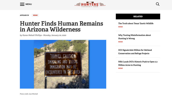 screen shot of nrahlf.org story regarding human remains found at border