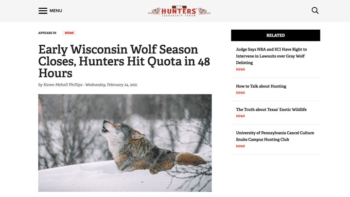 screenshot of nra hunters' leadership forum news story regarding 2021 wisconsin wolf hunt