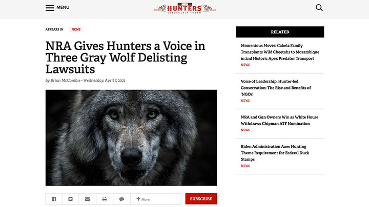 NRA Gives Hunters a Voice in Three Gray Wolf Delisting Lawsuits