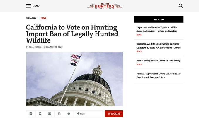 screen grab of nra hunters' leadership website discussing hunting trophy import bans