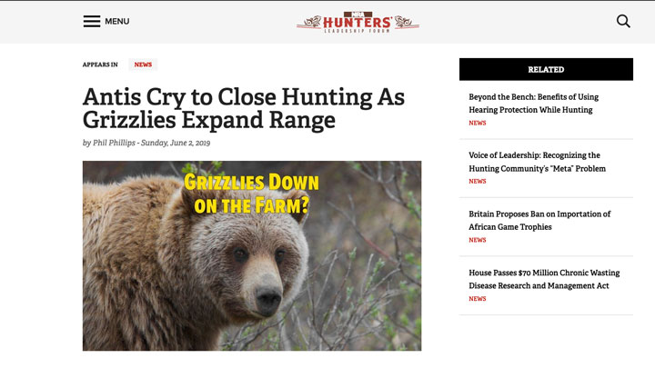 screenshot of news story regarding grizzly bears expanding their range