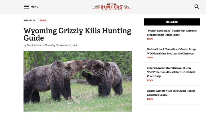 screenshot of news story regarding grizzly bear that killed hunting guide