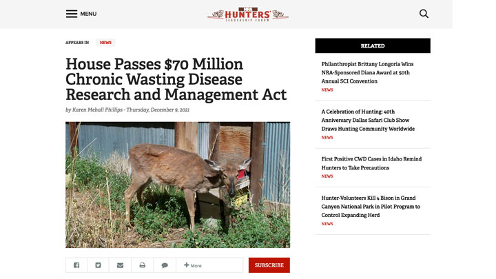 screen shot of nra hlf web page highlighting chronic wasting disease research and management act