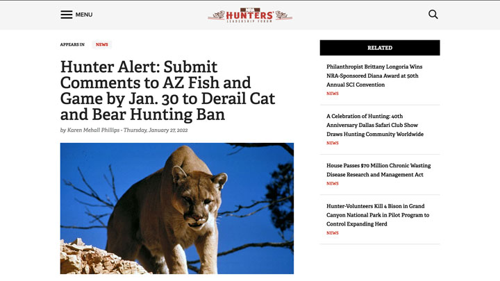 screenshot of news story regarding mountain lion hunting