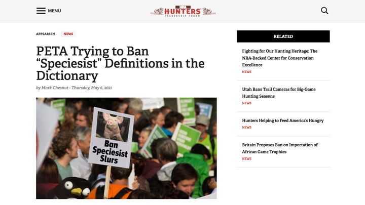 screenshot of story about peta trying to ban speciesist language