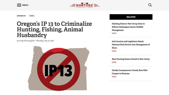 screenshot of news story regarding oregon anti-hunting law