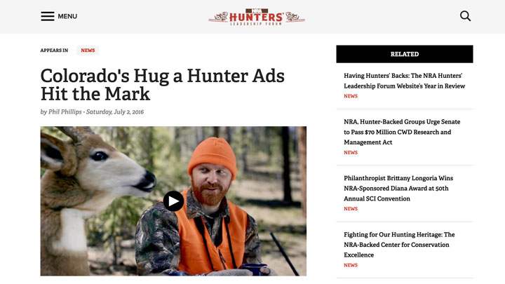 screenshot regarding news story on colorado 'hug a hunter' program
