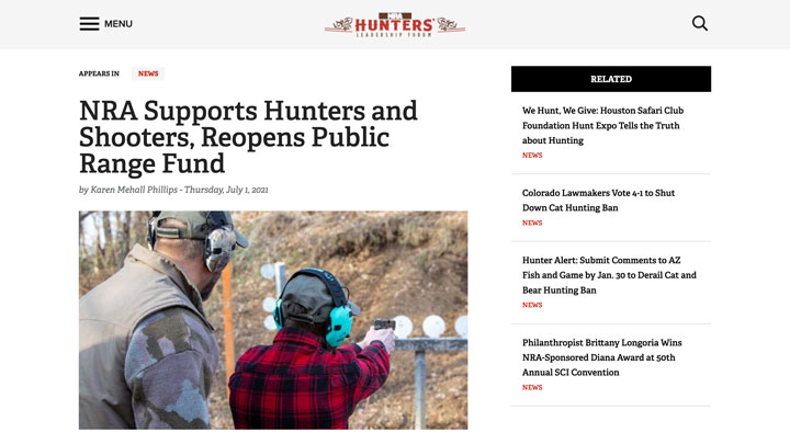 screenshot of nra hlf news story regarding nra range development services