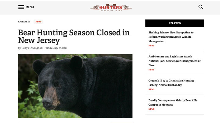 screenshot of nra hlf news story regarding new jersey bear hunt
