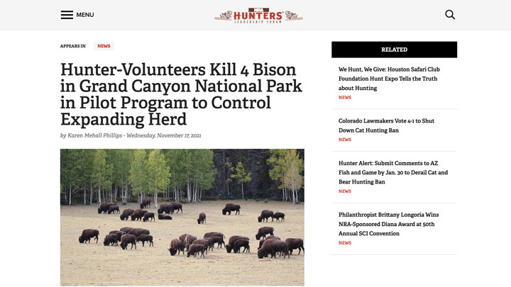 screenshot of nra hlf news story regarding culling ungulates on national park lands