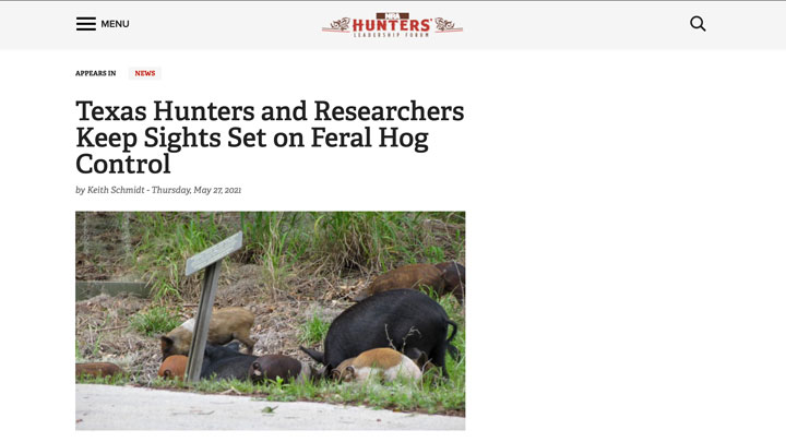 screenshot of nra hlf news story regarding feral hog hunting in texas