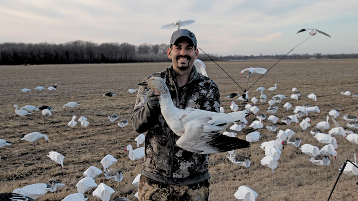hunter proudly displays a snow goose taken while hunting