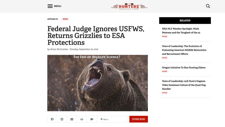 screenshot of NRA HLF webpage illustrating greater yellowstone grizzly bear population