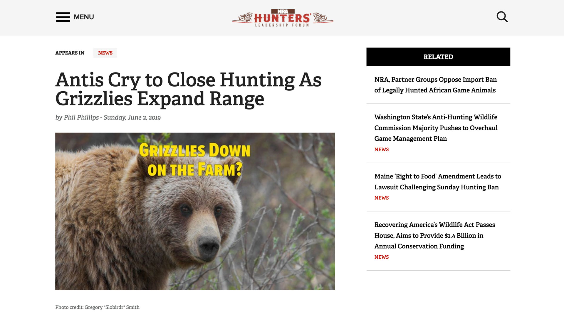 screen grab of nra hlf web page news story explaining anti hunter sentiment blocking grizzly hunt