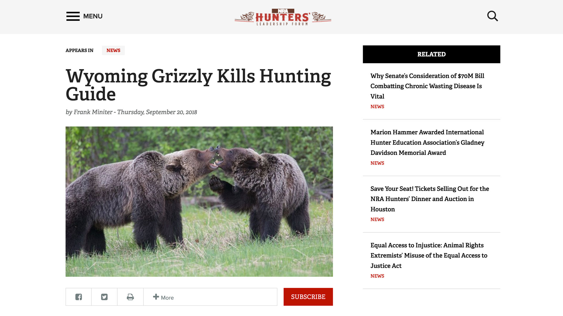 screen grab of nra hlf web page news story regarding grizzly attack in wyoming