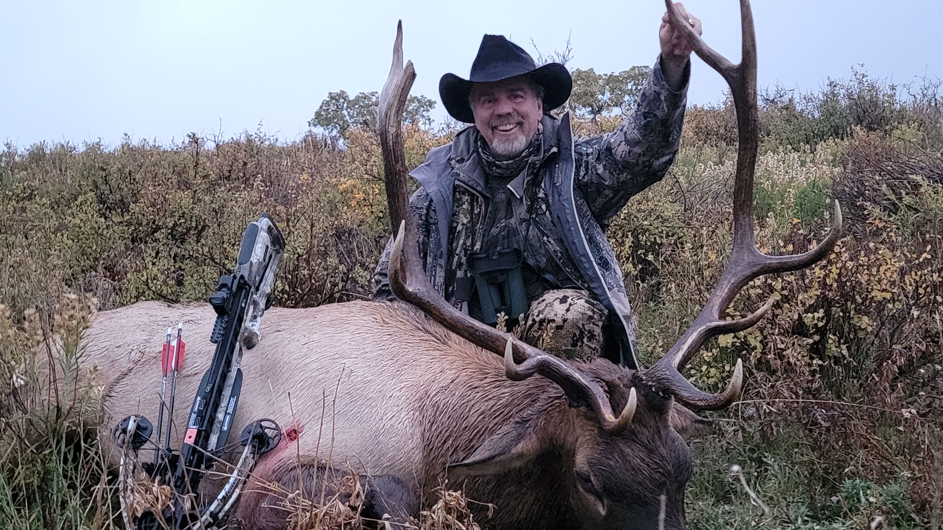hunter phil phillips with a bull elk he shot with a crossbow