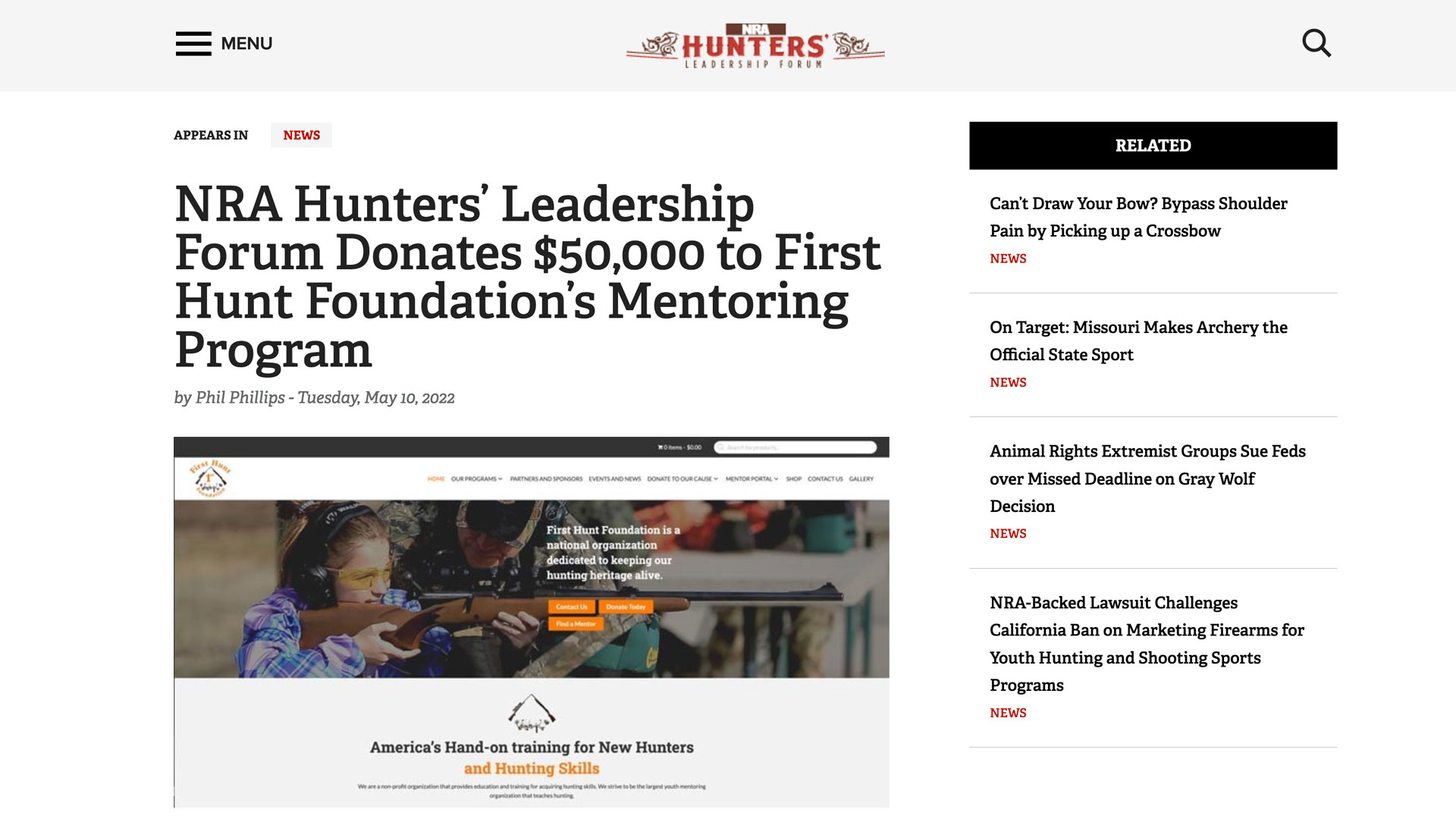 website screen grab shows news story of nra hlf donating funds to mentor program