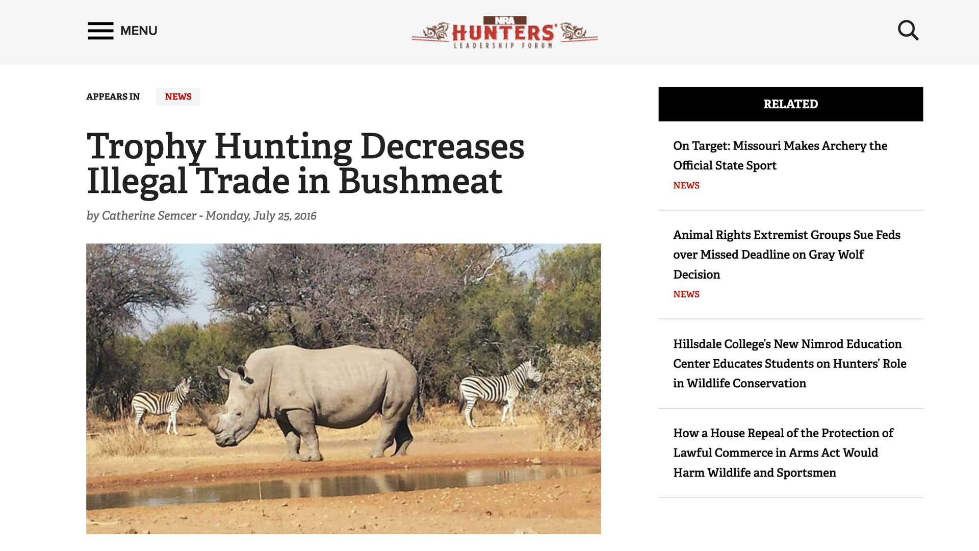 screen grab of nra hlf story describing how trophy hunting tamps down bushmeat trade