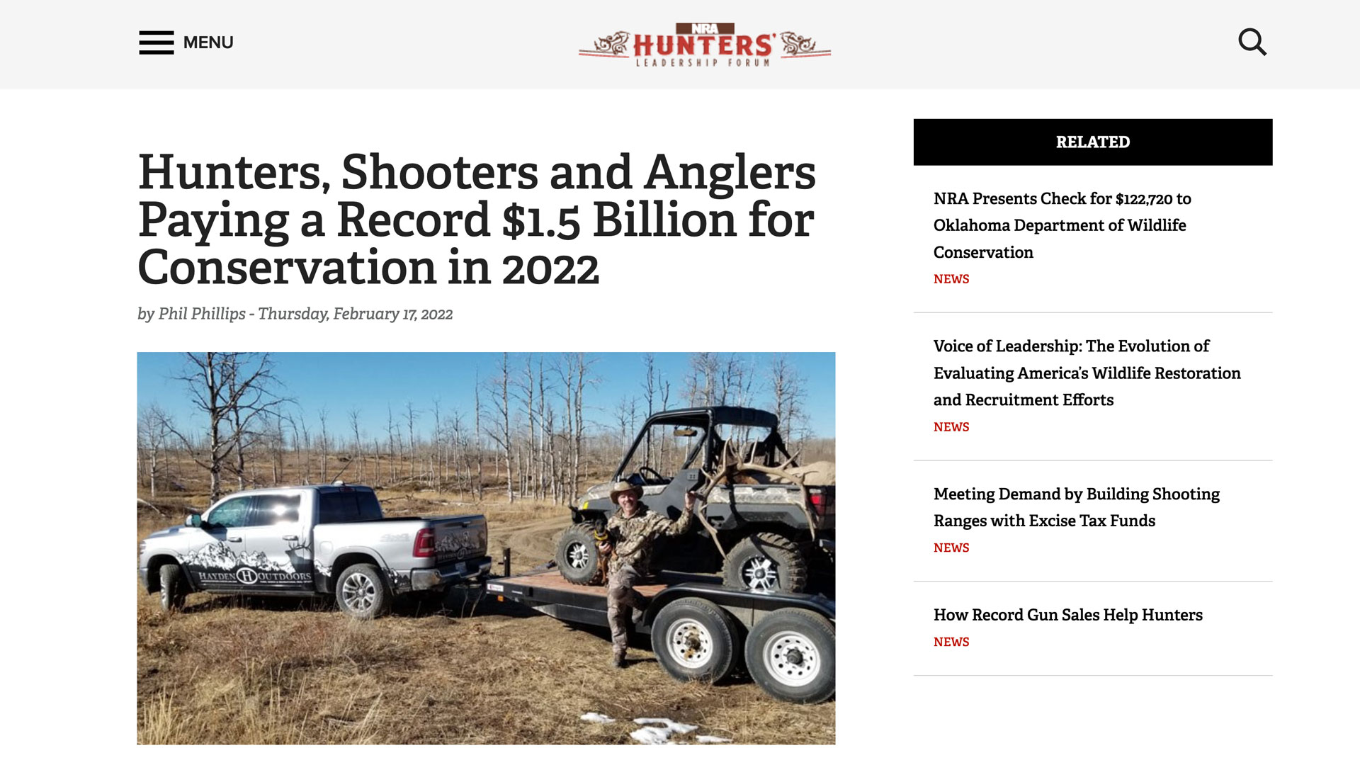 nra hlf story explaining hunters, fishers and shooters have raised $1.5 billion for conservation in 2022