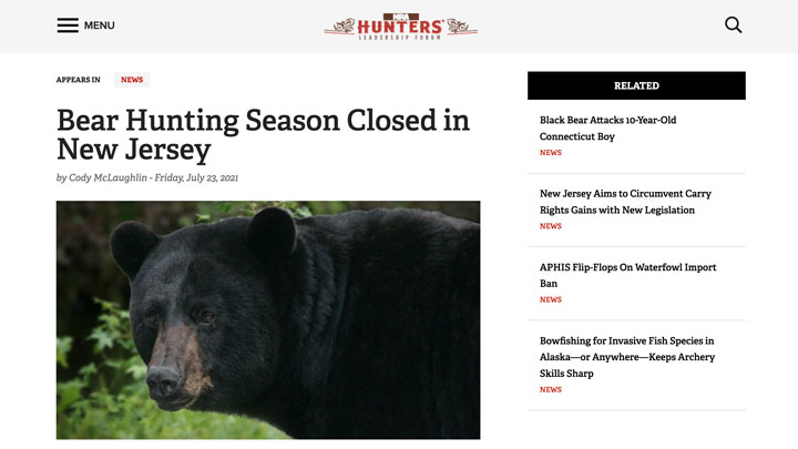 screen grab of nra hlf web story explaining bear season is closed