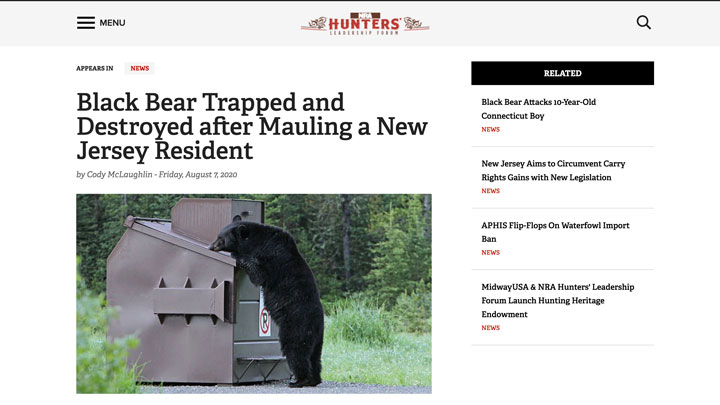 nra hlf screen grab of story describing new jersey black bear mauling human