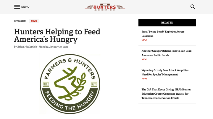 screen grab of nra hlf website article describing farmers and hunters feeding the hungry