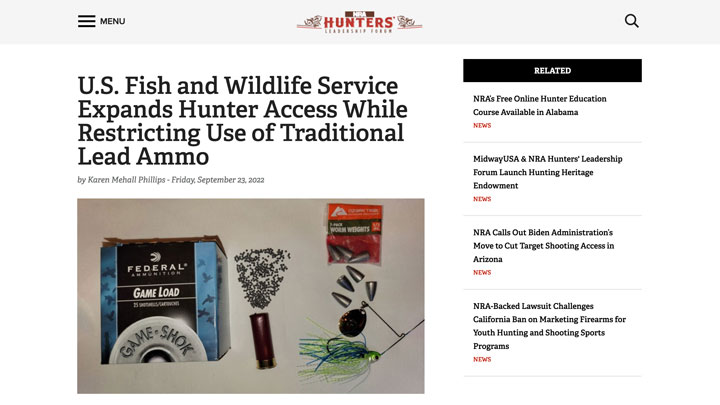 screen grab of nra hlf story regarding hunter access on public land