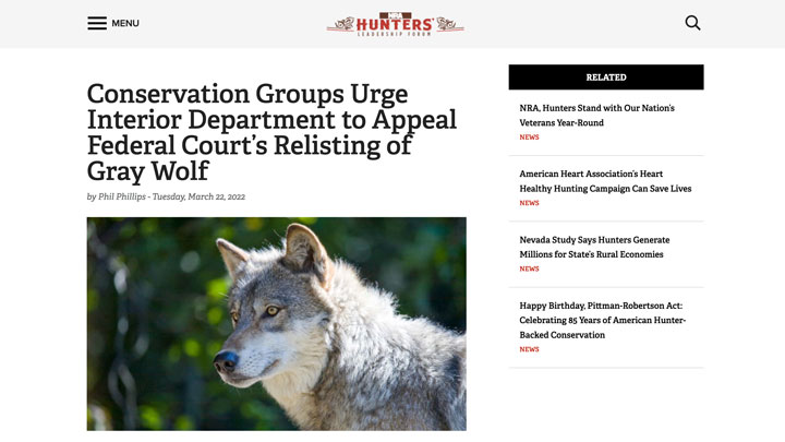 screen grab of nra hlf story regarding gray wolf management