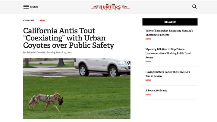 nra hlf screen grab of story regarding coyotes threaten humans