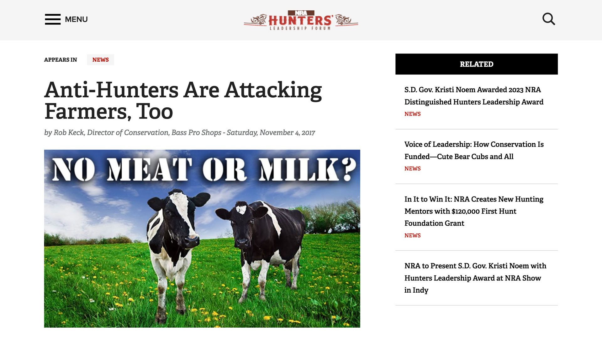 screenshot of nra hlf story regarding war on meat