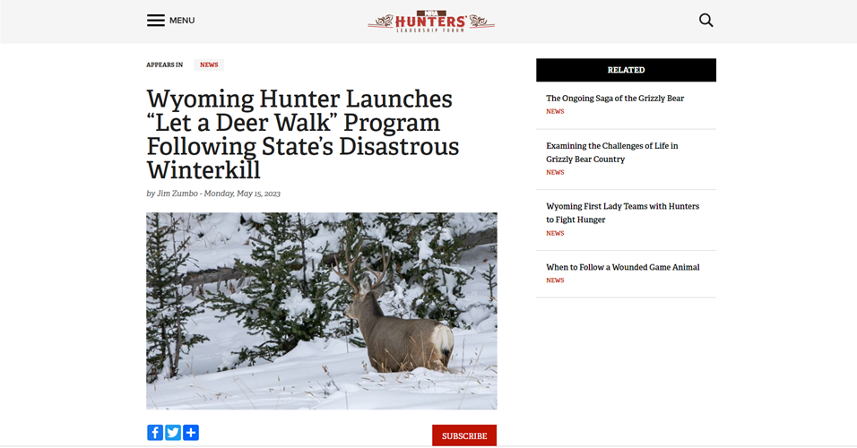 screenshot of nra half story regarding Wyoming let a deer walk program