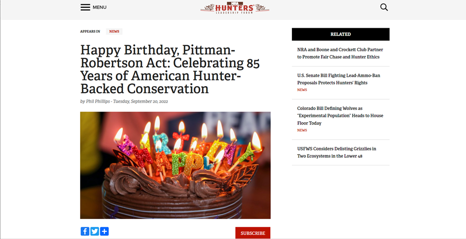screenshot of nra half story regarding birthday of pittman-robertson act