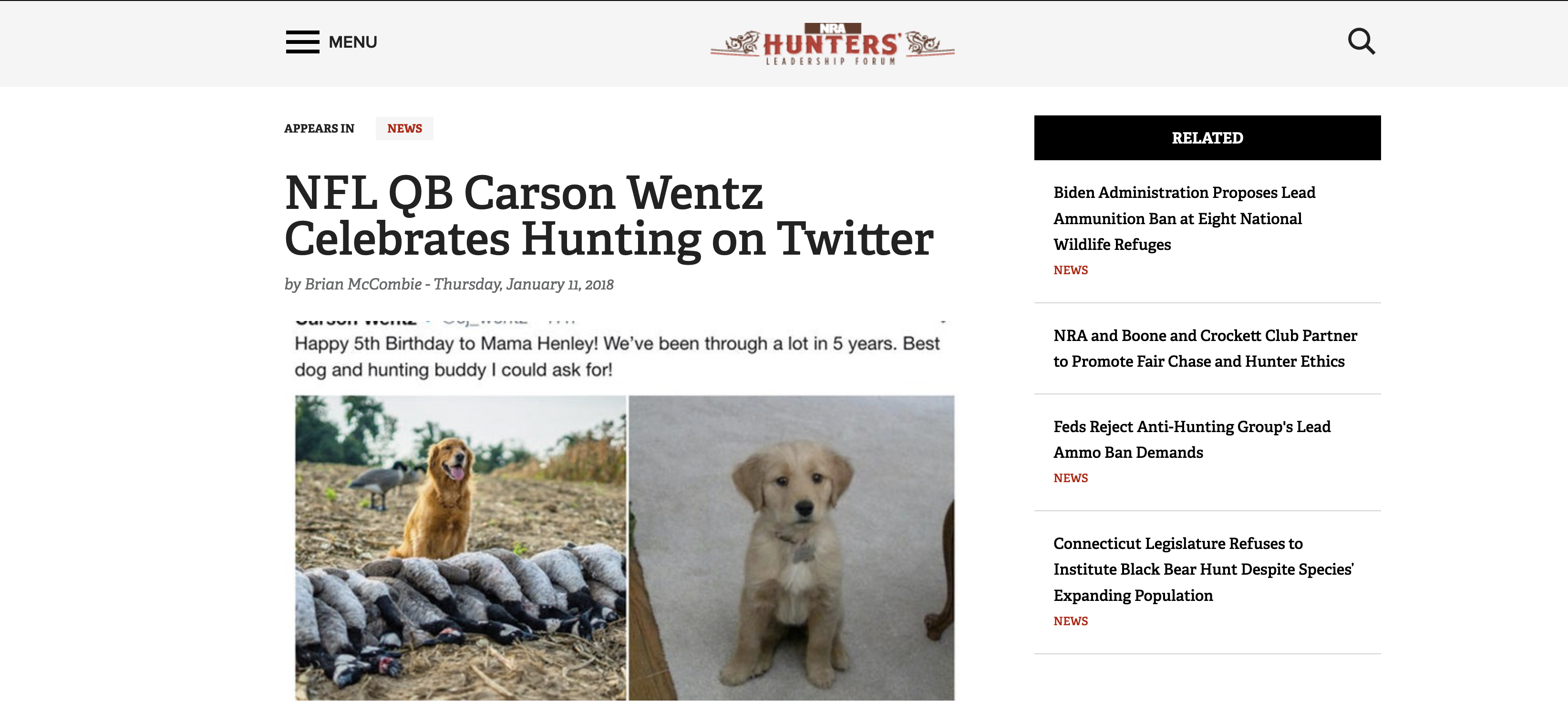 screenshot of nra half story online regarding Carson went's dog