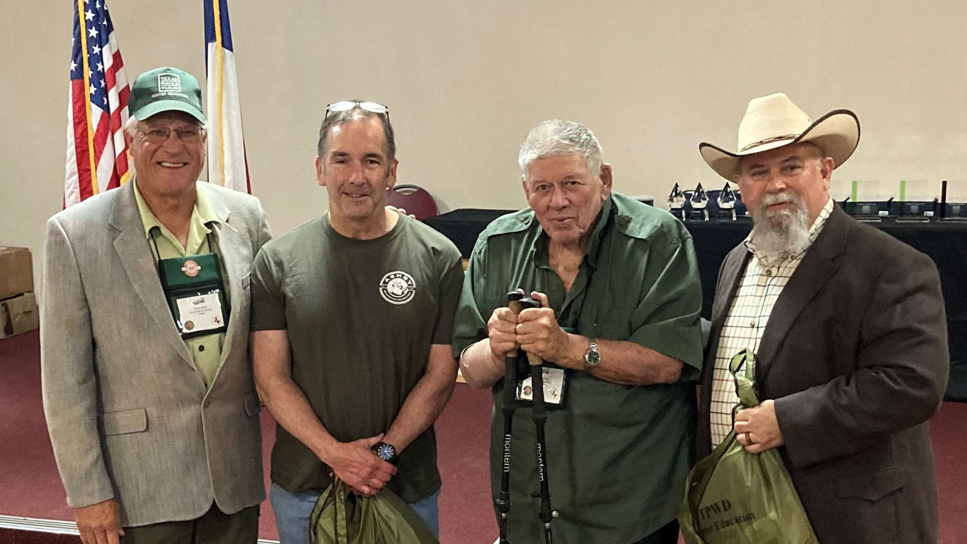 Steve Hall, left, Texas Parks and Wildlife (TPW) hunter education coordinator, joined ABF co-founders Rob Neilson and Dr. Ed Ashby, and Randy Spradlin, TPW hunter education specialist for West Texas, for the TPW event that drew hunter education instructors from across the state.