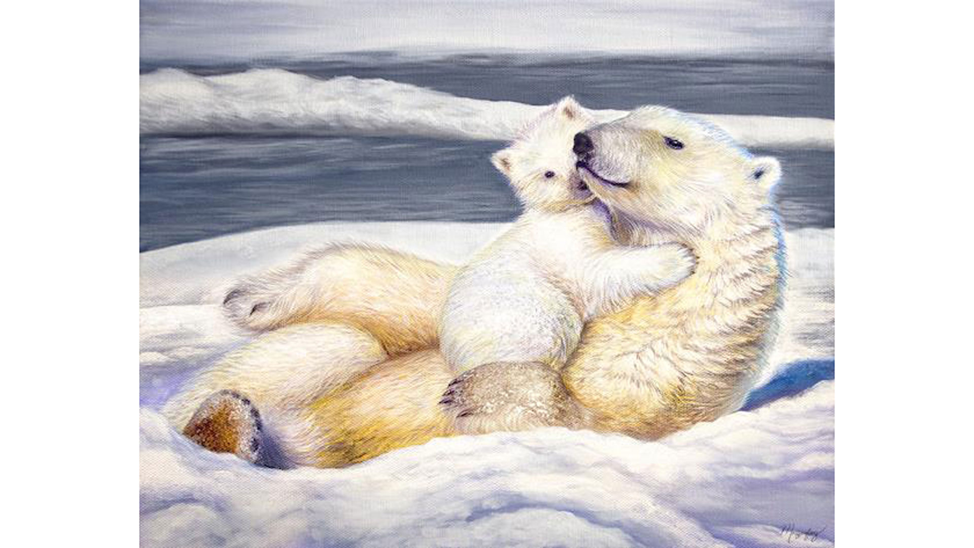 Painting of polar bear with cub rolling in snow.