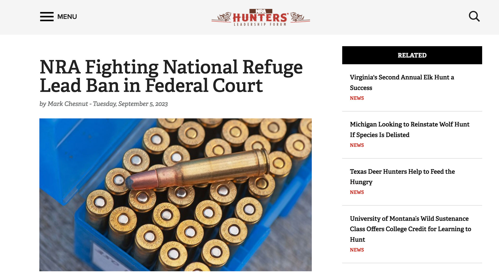screen grab of nra half web story about lead ammo bans