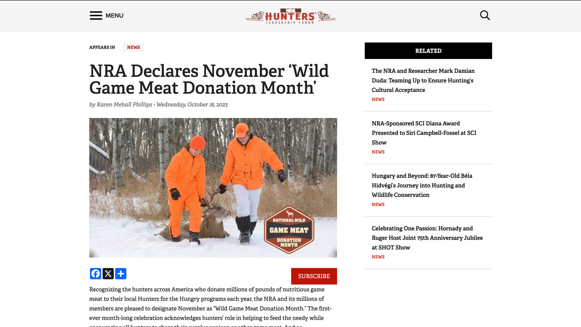 screen grab of nra hlf story regarding nra national wild game meat donation month