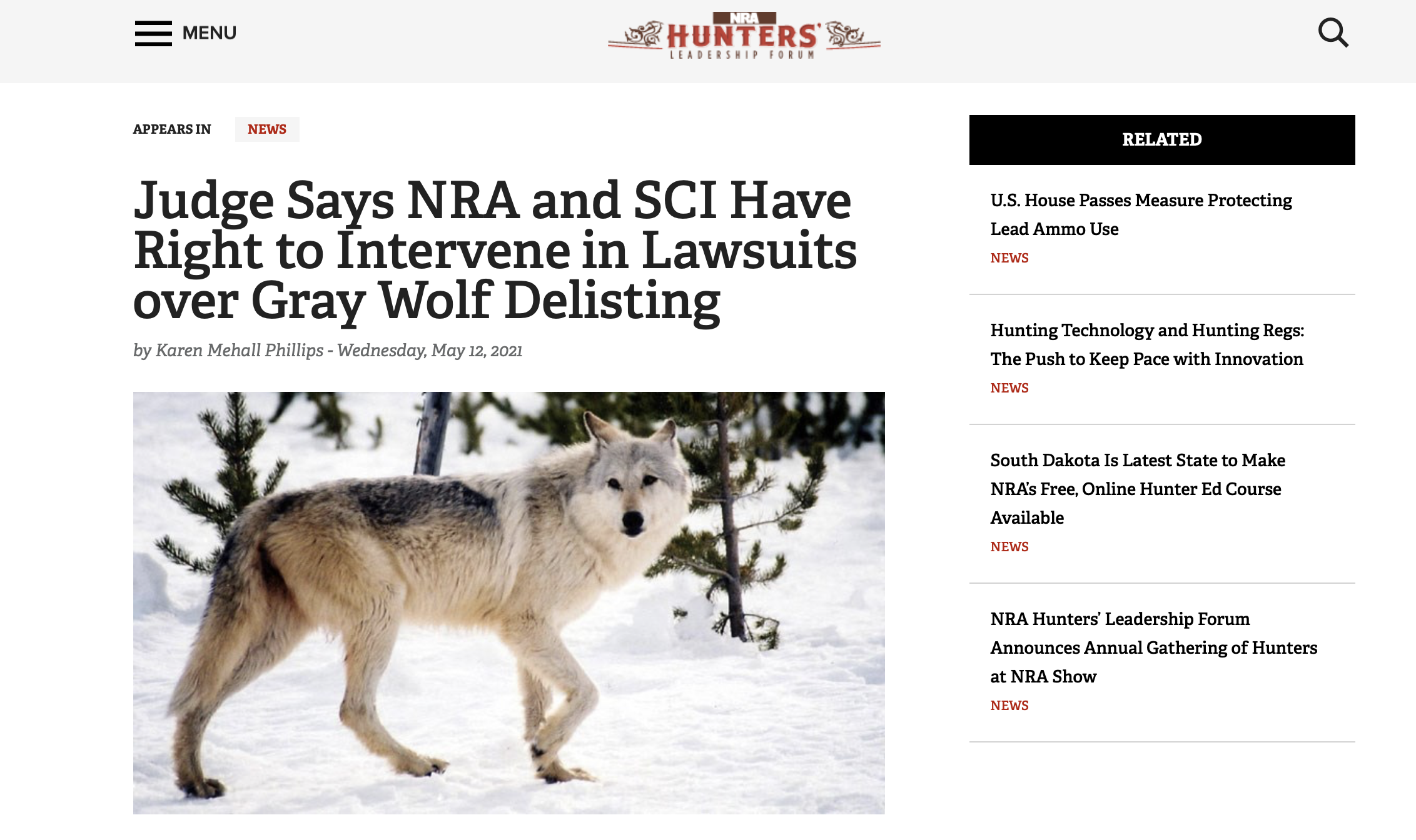 nra half screen grab regarding gray wolf delisting