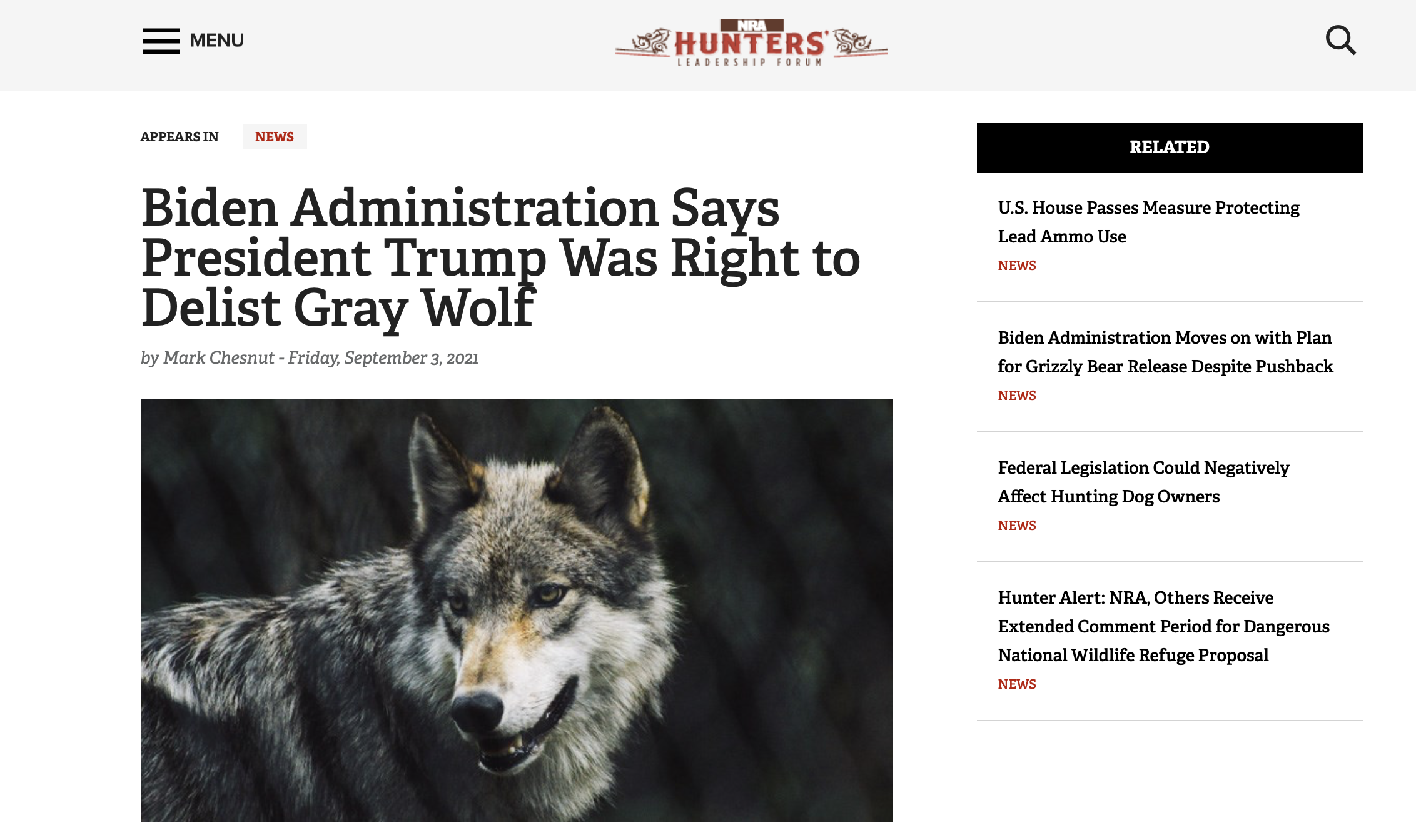 nra hlf screen shot explaining Biden admin agreed with trump admin regarding gray wolf delisting